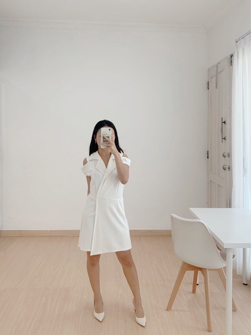 Dress Putih Bawahan Skort Dress Midi Simple Wanita Sabrina Lengan