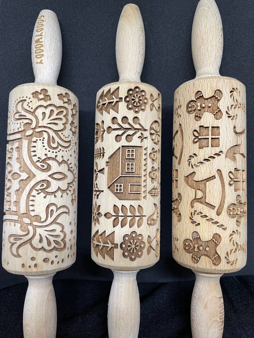 Embossed Wood Rolling Pins from Poland (Category: Bakeware) located in Paranaque City. Submitted by paw_prints9 (Listing ID 1248035321, Image 1). Description: Small rolling pins by GoodyWoody, Poland For cookies or ceramic crafts 1. Majestic 2. Christmas gifts 3. Scandinavian cottage Total length: 9 inches Working length: 4.3 inches Diameter: 1.7 inches Weight: 145 grams P980 each Comes with recipes and care tips A unique gift sure to thrill any 