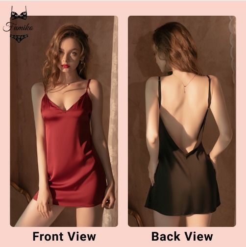 Fumiko Deep Backless Night Dress Sexy Lingerie Satin Sleepwear
