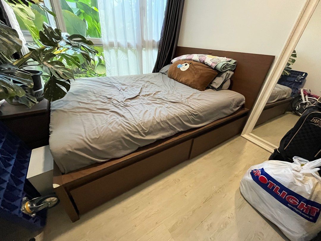 Ikea Malm bed frame (Queen) with side drawers, Furniture & Home Living