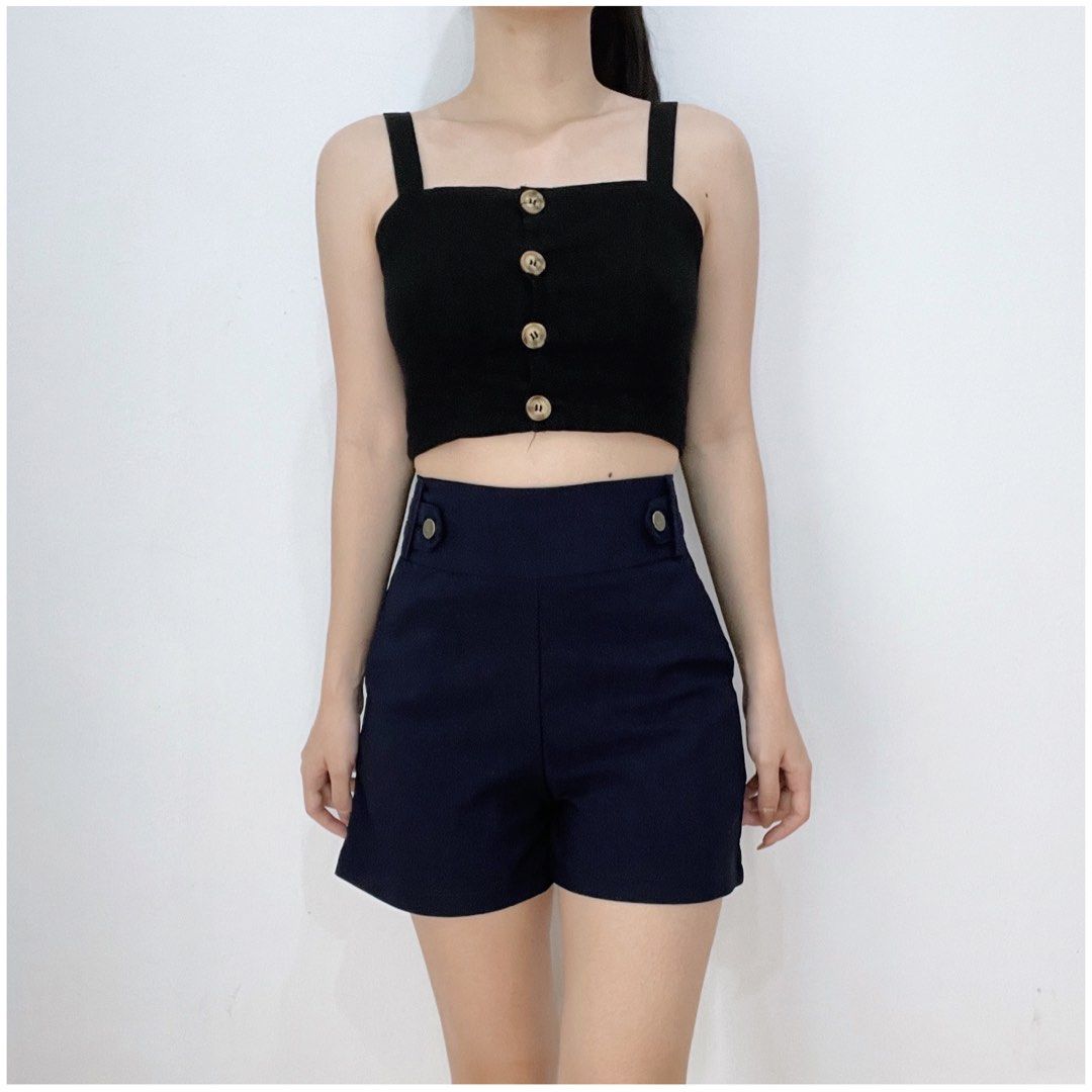 Import BKK Navy Blue Button High Waist Short Hot Pants Shorts Casual Celana  Pendek HW Highwaist Biru Dongker Tua