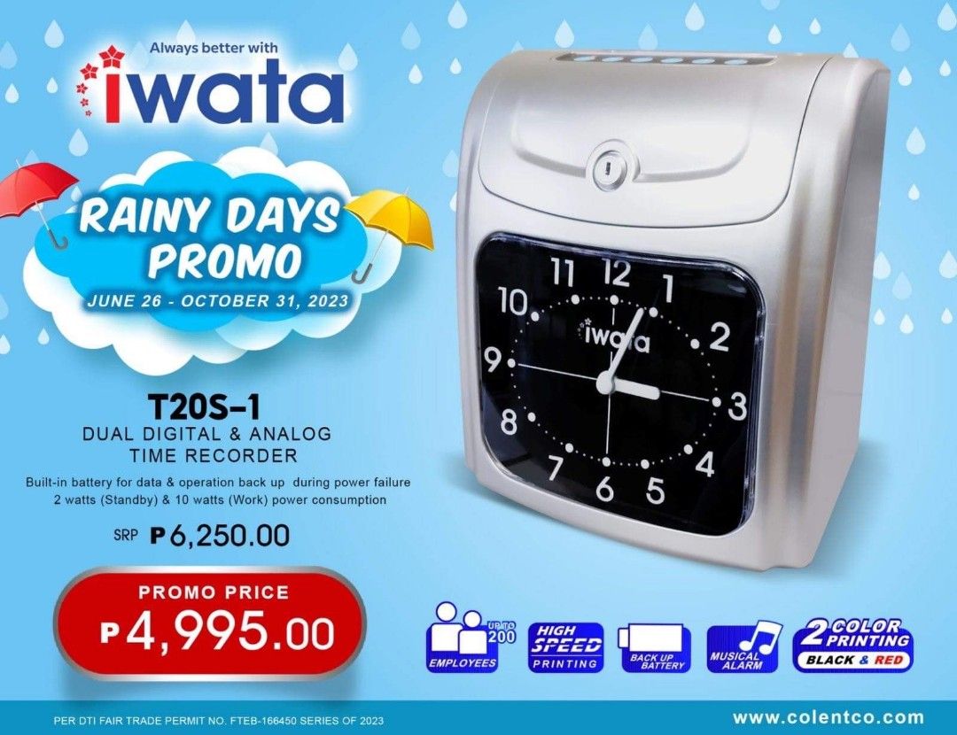 IWATA BUNDY CLOCK T20S-1 TIME RECORDER PROMO (Category: Office & Business Technology) located in Del Monte. Submitted by iwata_distributor (Listing ID 1248081561, Image 1). Description: ❣️❣️ IWATA BUNDY CLOCK PROMO❣️❣️ IWATA BUNDY CLOCK T20S-1 TIME RECORDER PROMO PRICE NOW: P4,995.00 PESOS ONLY💯💯💯 ✨DIRECT SUPPLIER ✨FREE DELIVERY AND COD within METRO MANILA ONLY(minimum of 8k purchase) FOR INQUIRIES YOU MAY CONTACT US viber: 09983712745 📲 0992