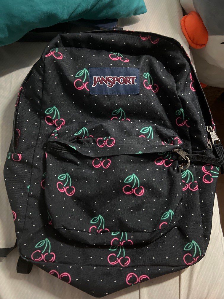 Jansport Superbreak Neon Cherries Backpack Black and Pink Cherries