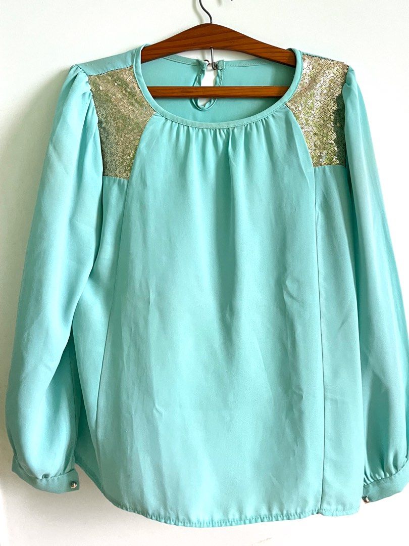 Mint blouse with gold details, Women's Fashion, Tops, Blouses on Carousell