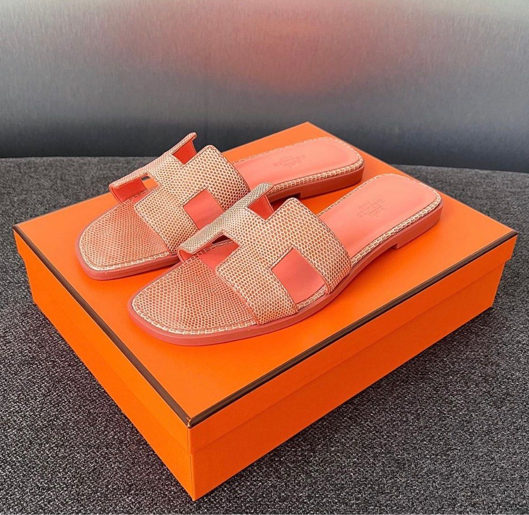 NEW Hermes Oran Sandal Orange Joey Shiny Lizard 38, Luxury, Sneakers