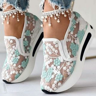 Platform Wedges Women Sneakers Floral Embroidery