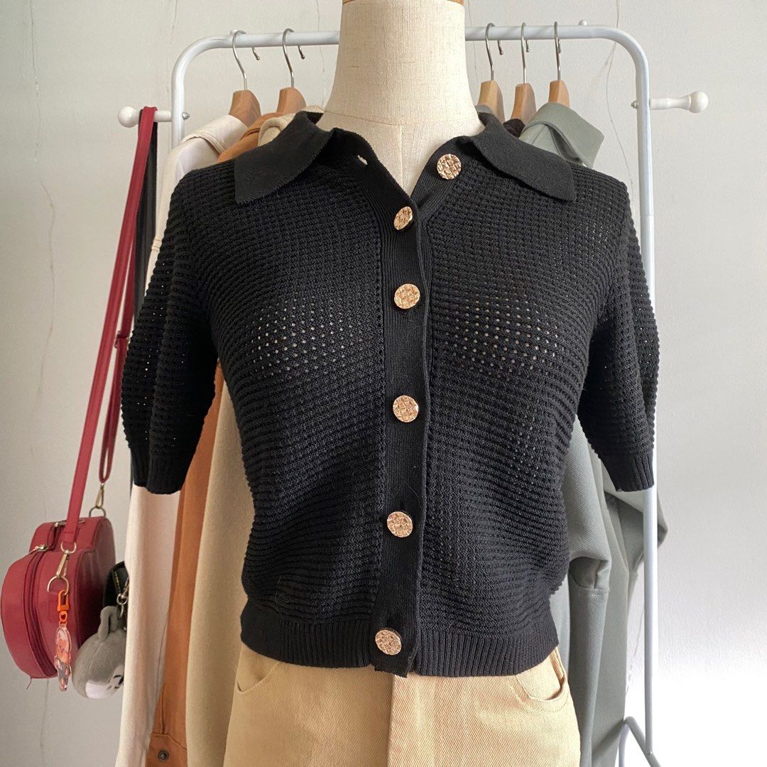 Front Button Knit Top - Black - Pomelo Fashion