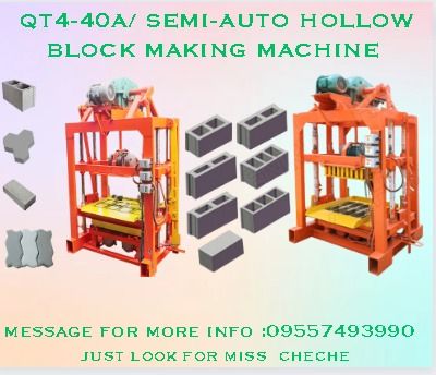 QT4 - 40A / SEMI -AUTO HOLLOW BLOCK MAKING MACHINE (Category: Construction Tools & Equipment) located in Caloocan City. Submitted by 09263834248 (Listing ID 1247969936, Image 1). Description: Specification: Main Machine: 1600*1200*2000mm Pallet Size: 850*450*30mm Hollow Brick: 400*200*200mm,2200pcs/8h Solid Brick: 240*115*53mm,14000pcs/8h 1.Main Machine: Mold vibration 2.Motor power: 9.6KW 3.Molding Cycle 40S 4.Total mass : 1.5T 5.Vibrating style