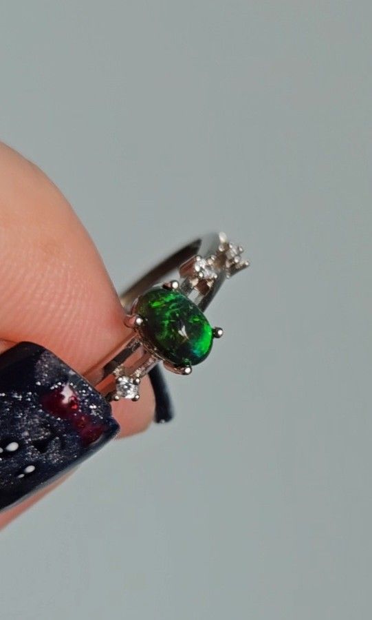 Rare Greenish Opal ring with brilliant fire adjustable size