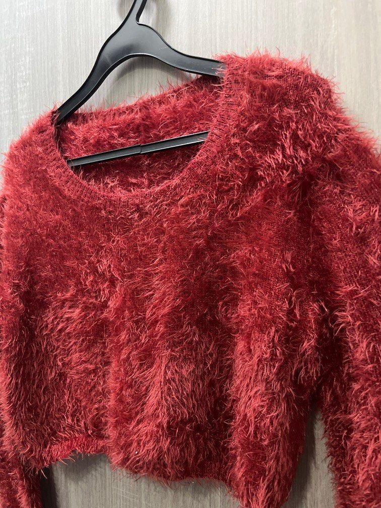 Red cropped faux fur coat hot sale
