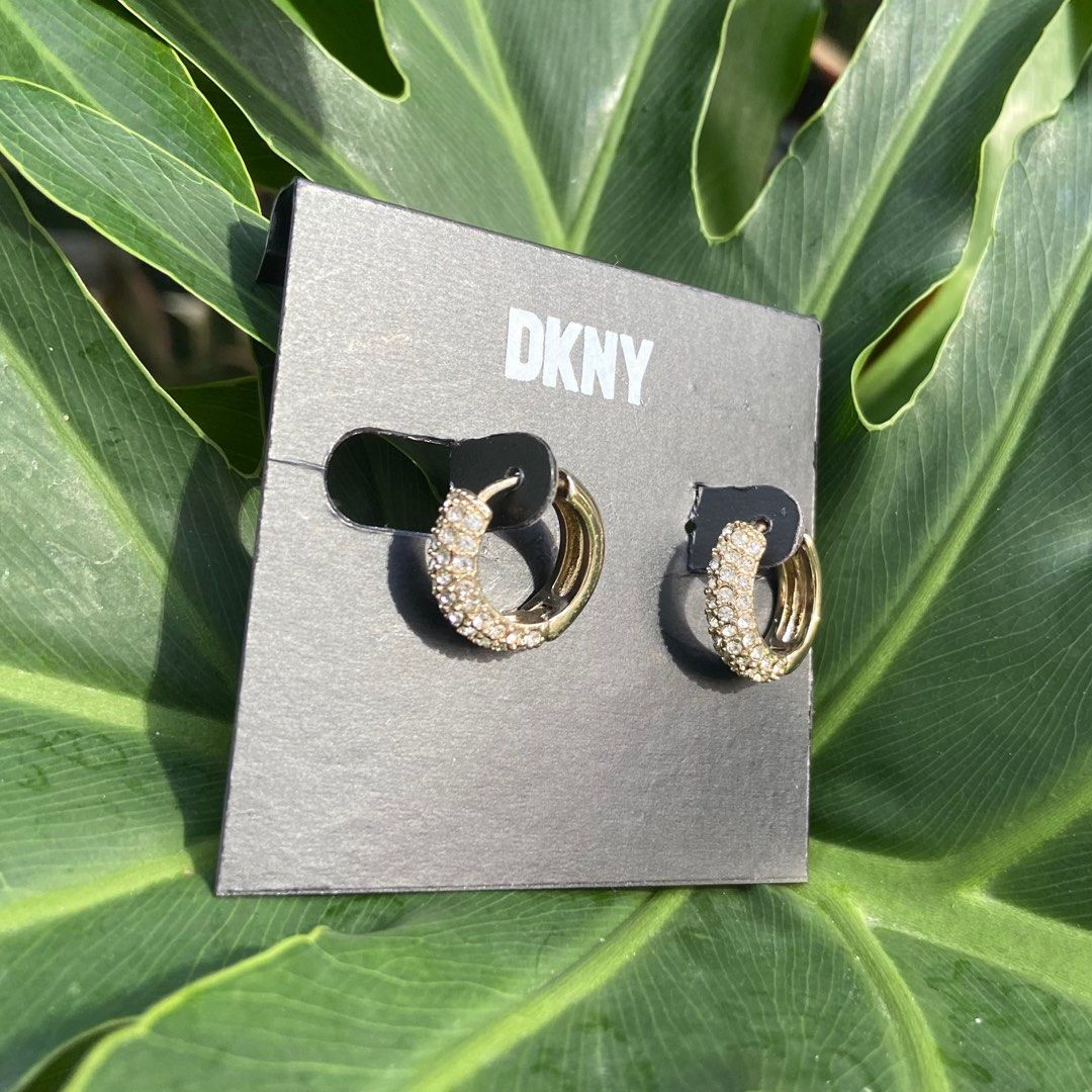 Small Gold Tone Huggie Earrings w/ Crystals• DKNY • Accessories