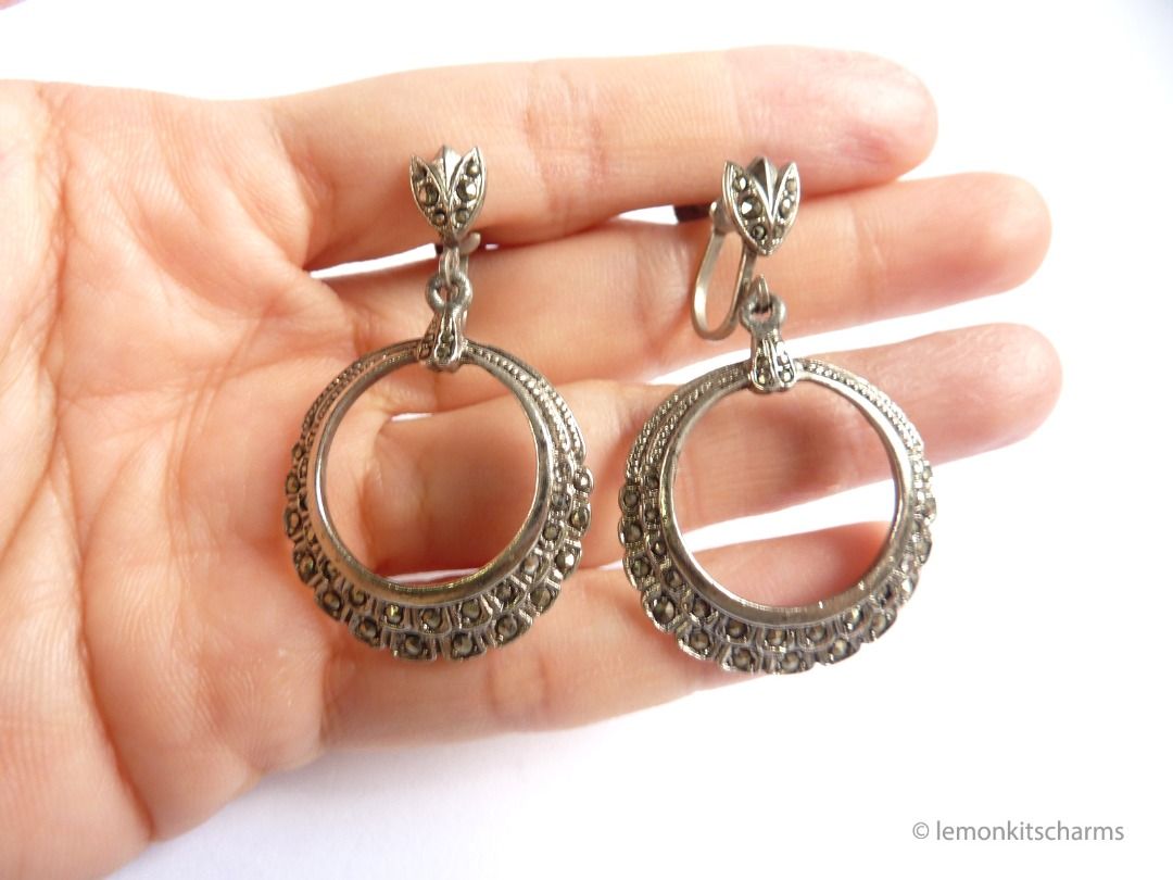 Vintage Art Deco Marcasite Hoop Earrings, screw backs, er2283-c, Women's  Fashion, Jewelry  Organisers, Earrings on Carousell
