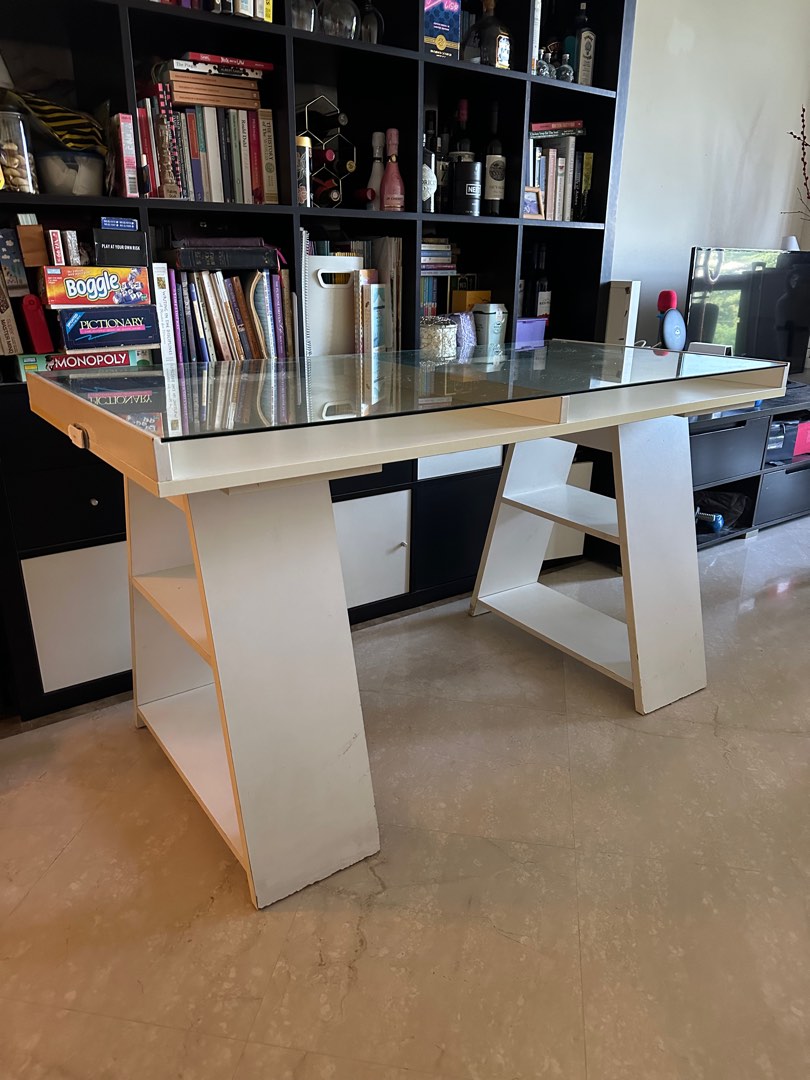 White glass top study table with side shelves, Furniture & Home Living