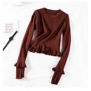 0070 Brown Long Sleeves Ruffles Hem Crop Top Free Size