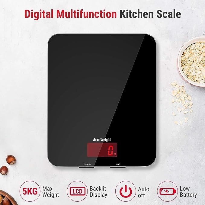 AccuWeight Digital Kitchen Scale Multifunction Meat Food Scale with LCD  Display for Baking Kitchen Cooking Tempered Glass Surface, Black