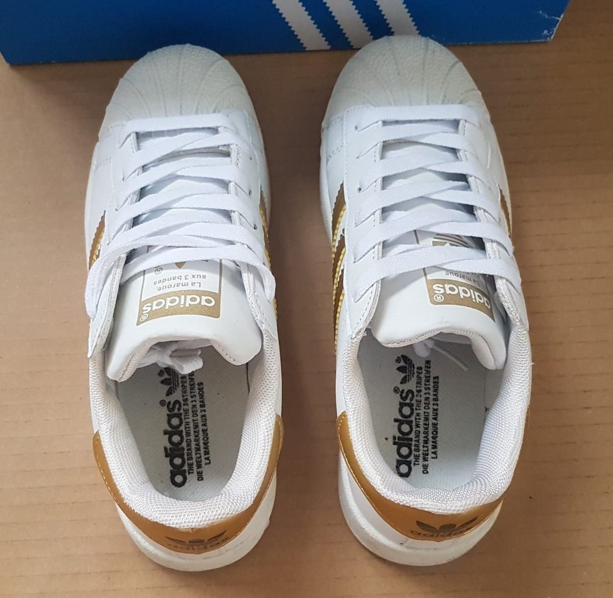 Adidas Designer Sneakers White Leather Gold Stripes Superstar