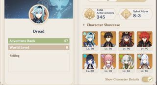 Genshin Asia Account AR 57 217899/285750, 5* Characters, Eula(c0), Zhongli(c0), Hutao(c0), Diluc(c1), Shenhe(0), Nahida(c0), YaeMiko(c0), 5* Weapons  Primordial Jade Spear(r1), Staff of Homa(r1), Primordial Jade Cutter(r1), Memory of Dust(r1), Amos Bow(r1