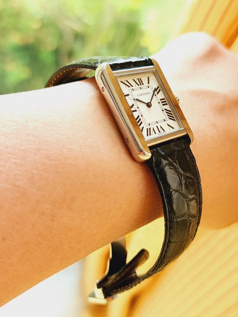Cartier Tank Solo Silver Roman Dial Black Leather Strap Quartz Ladies 3170