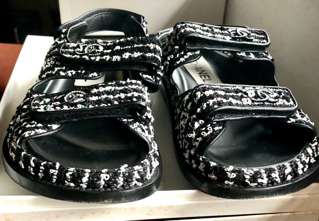 Chanel tweed and lambskin sandals clearance
