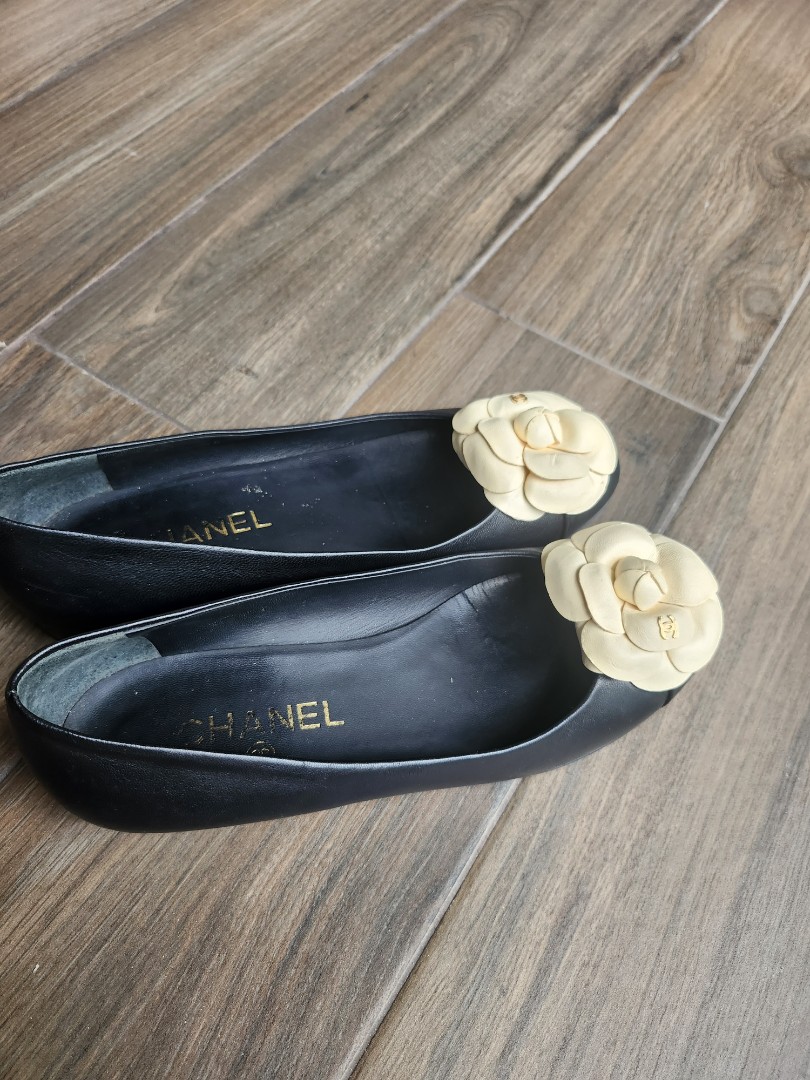 CHANEL Black CC Logo Camelia Flower Ballet Ballerina Flats Shoes 38 1/2