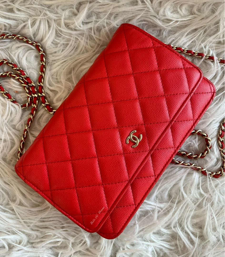 Chanel Classic Wallet on Chain, 17C Chevron Red Lambskin with Gold  Hardware, Preowned in Box WA001