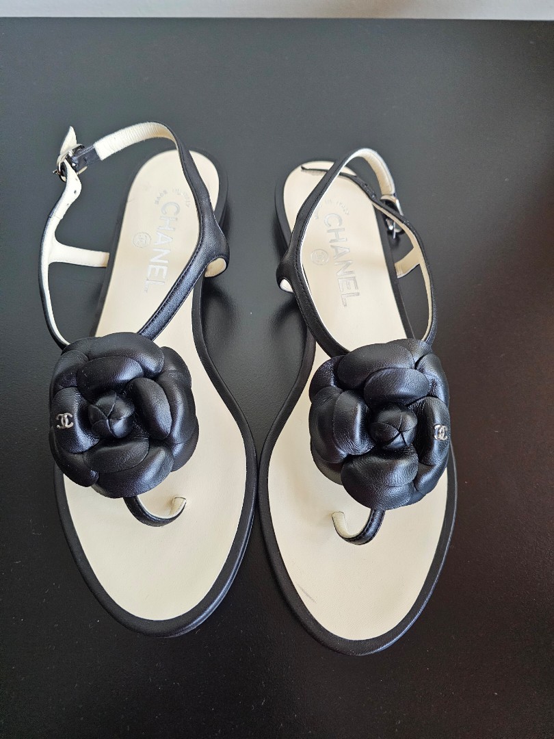 New Chanel Black Leather Sandals Camellia CC Flower, Luxury, Sneakers &  Footwear on Carousell