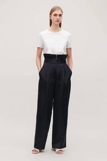 COS Silk trousers with frill waist in Black