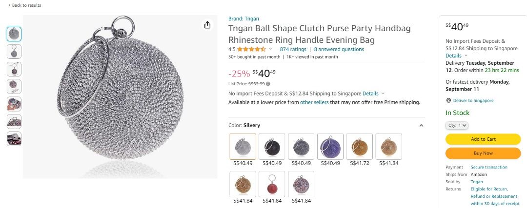 Tngan Ball Shape Clutch Purse Party Handbag Rhinestone Ring Handle