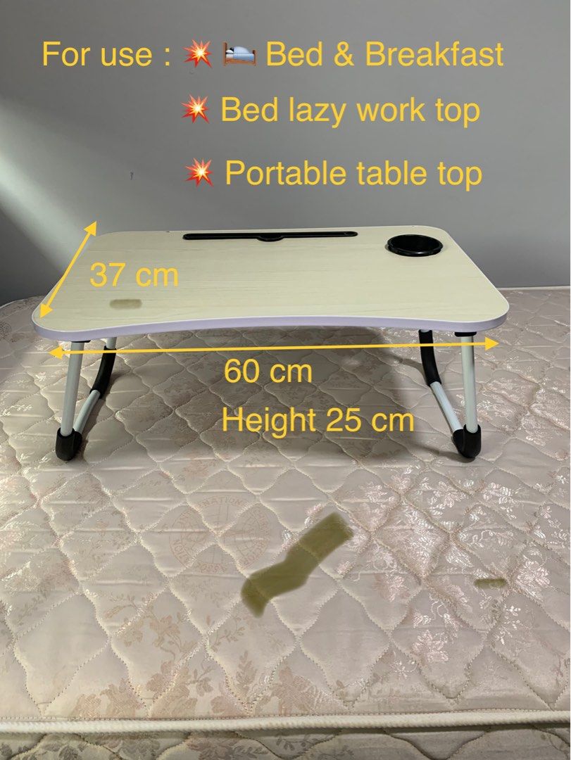 Foldable Table (Category: Tables & Sets) located in Singapore. Submitted by dj0747 (Listing ID 1252234827, Image 1). Description: 💥Bed & Breakfastt work table top 💥Portable worktop 💥Light flexible foldable table top Width 60cm Depth 37cm Height 25cm.