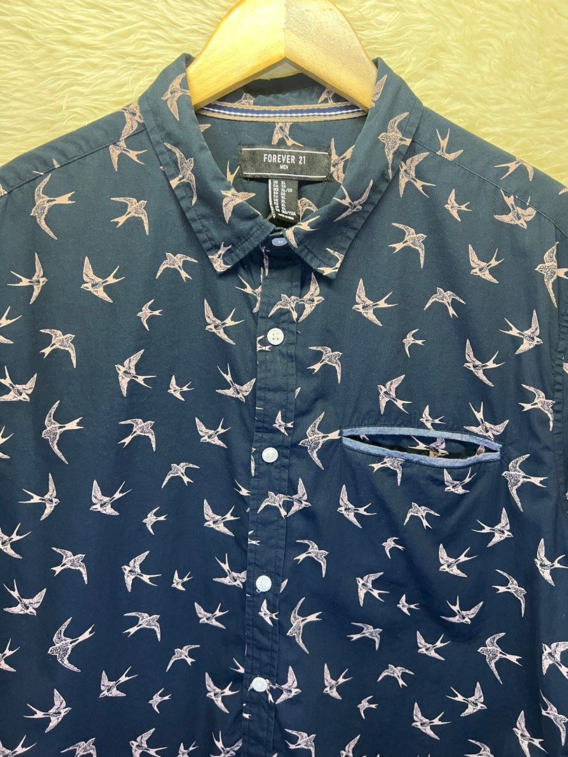 Forever 21 men black printed polo bird all over print shortsleeves