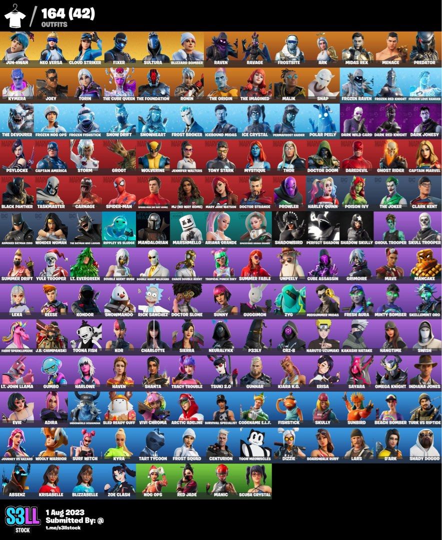 Fortnite Account Mega Stacked 164 Skins TTS 2500| Marvel Stacked | 10 Packs  | DC Stacked | Anime Skins