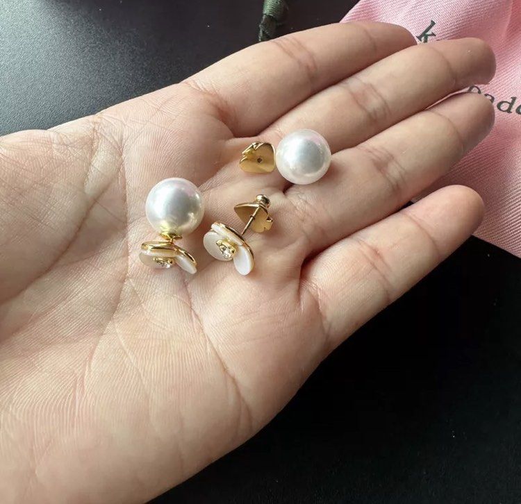 Kate spade reversible 2 way earrings flower pearl gold plated hypoallergenic non tarnish original