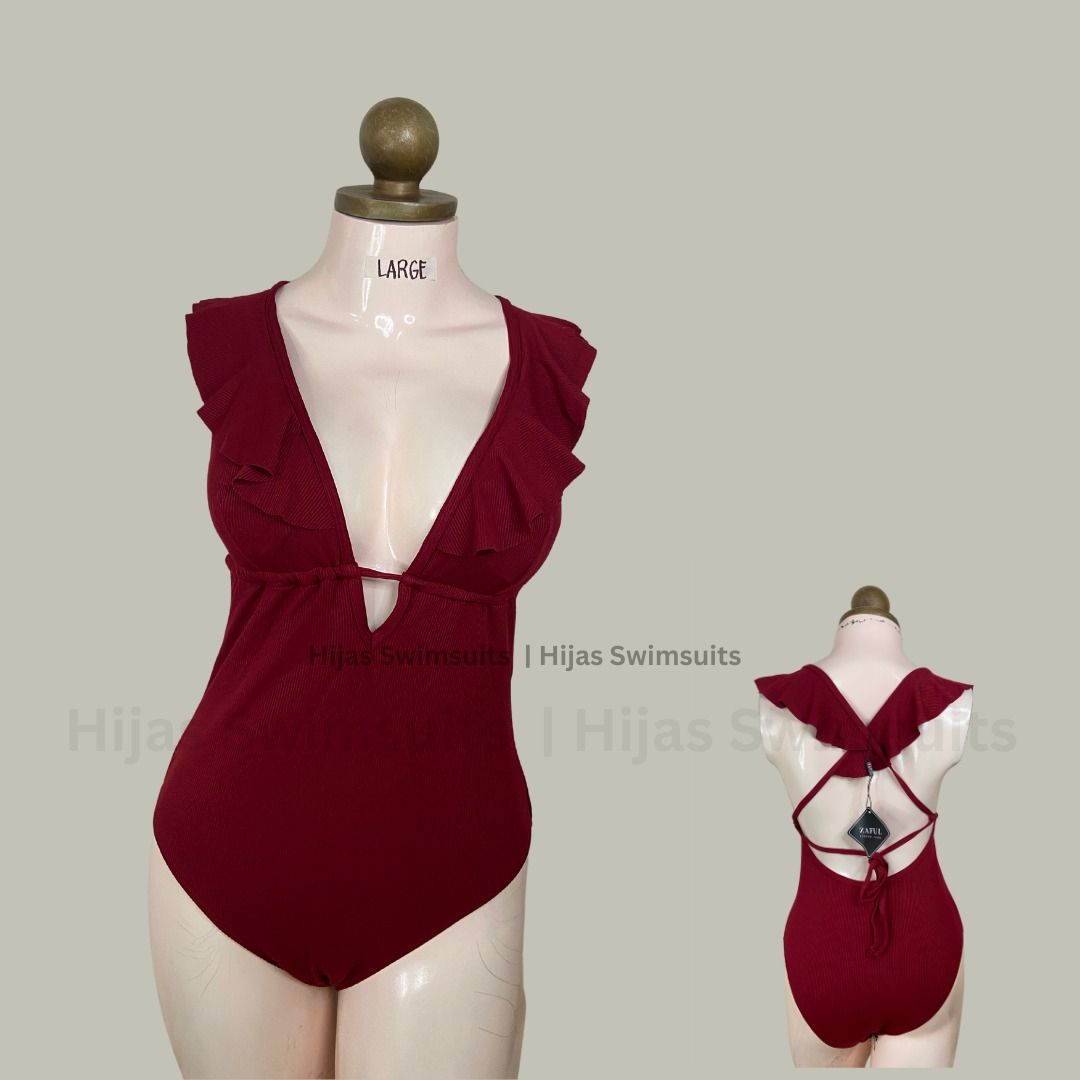 large maroon ribbed one piece swimsuit on Carousell