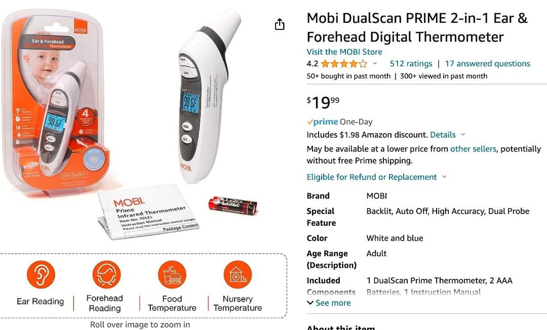 Mobi DualScan PRIME 2in1 Ear & Forehead Digital Thermometer, Health