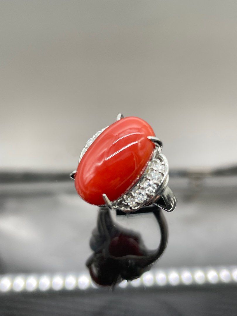 Natural Red Coral Diamond Ring PT900 Women s Fashion Jewelry