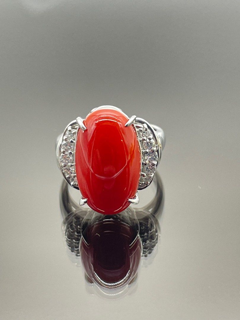 Natural Red Coral Diamond Ring PT900 Women s Fashion Jewelry