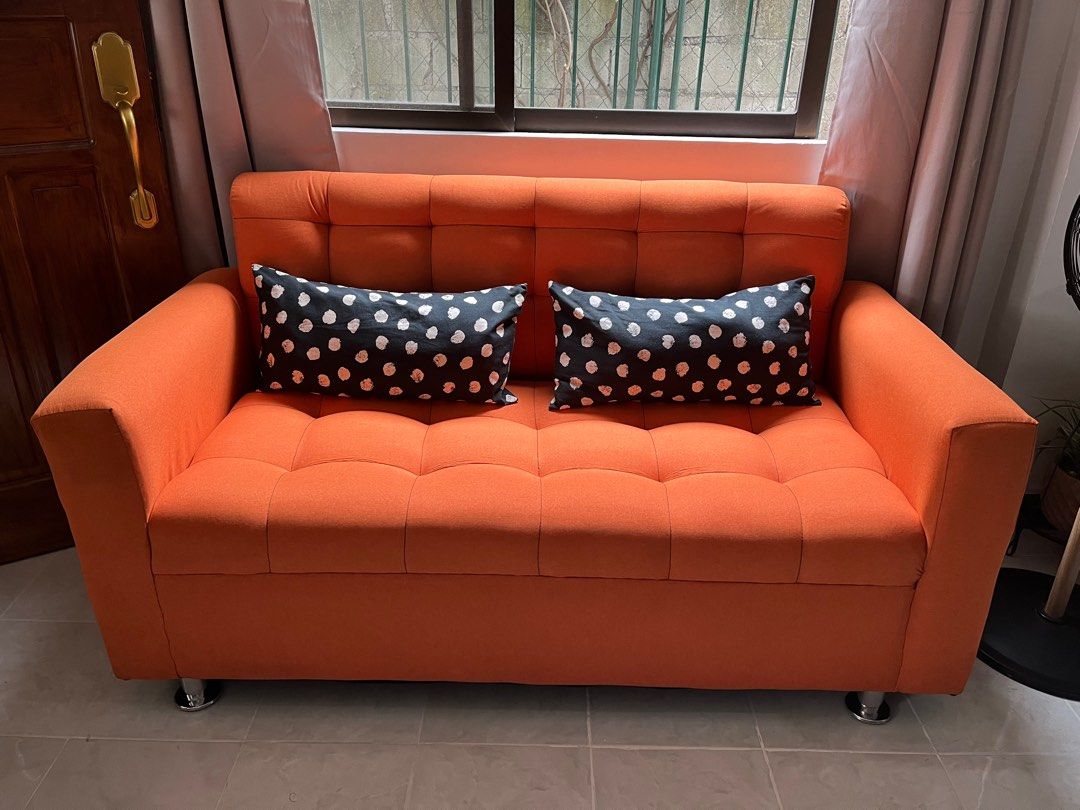 Orange Three Seater Sofa Extra Wide Seat New (Category: Sofas) located in Las Pinas. Submitted by abby_e_g (Listing ID 1252194754, Image 2). Description: 💫SOFA SET & SOLO FOR SALE & PRE ORDER(CUSTOMIZE)‼️ 🤍2-5 days Lead time 🤍Can accommodate rush work without any added fee pag di busy! 🪵Material used🪵 Wooden Frame Uratex Foam Fabric, Leatherette, Leather & Velvet Steel legs, Stainless & Wood Size: Singles, 2S, 3S, Lshapes & more.. 📲To Order
