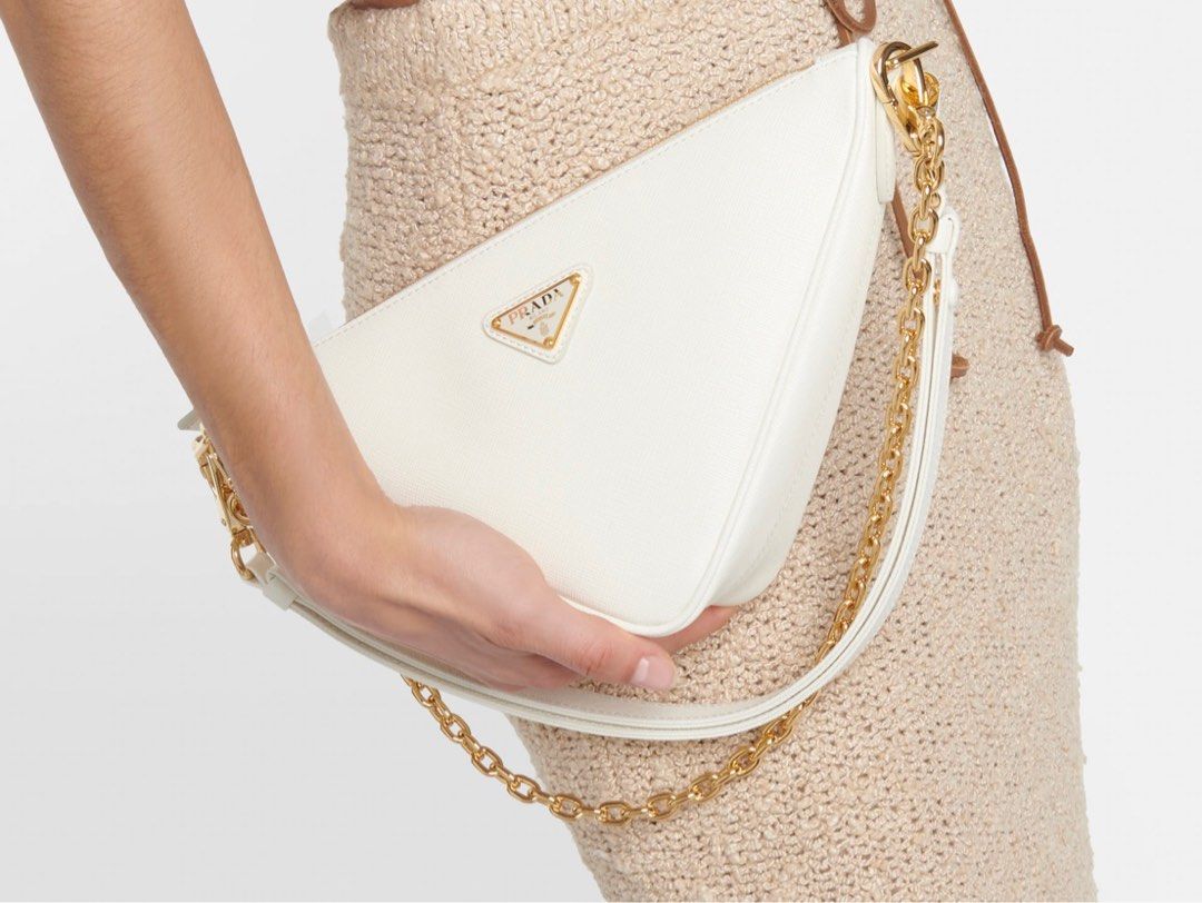 Prada Triangle Gold Chain Leather White Handbag Shoulder bag