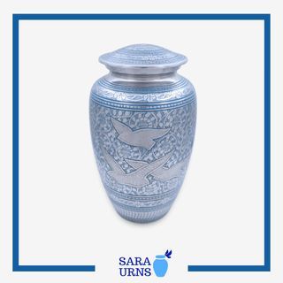 [saraurnsph] Peaceful Doves Aluminum Metal Urn Cremation Urn Jar Silver Urn Blue for Ashes