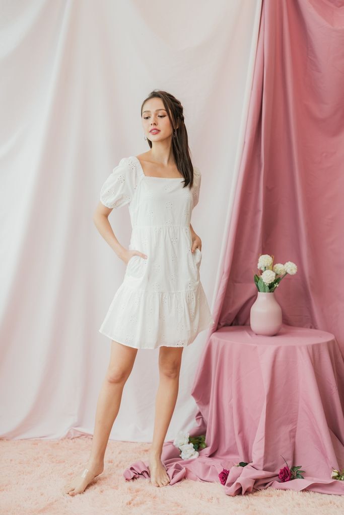 TSW Rebecca Eyelet Two-Way Tiered Dress in White