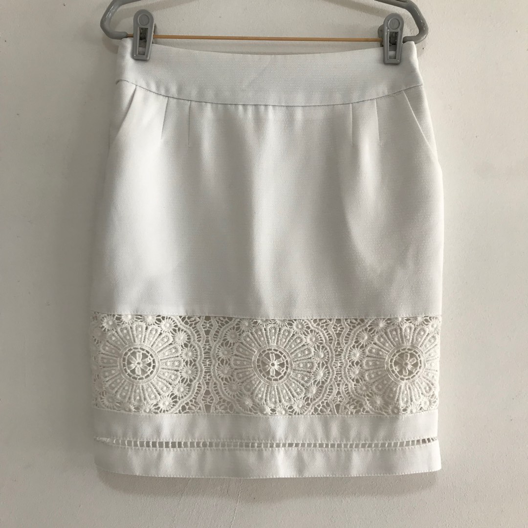 White Lace Embroidered Pencil Skirt Women s Fashion Bottoms Skirts on Carousell