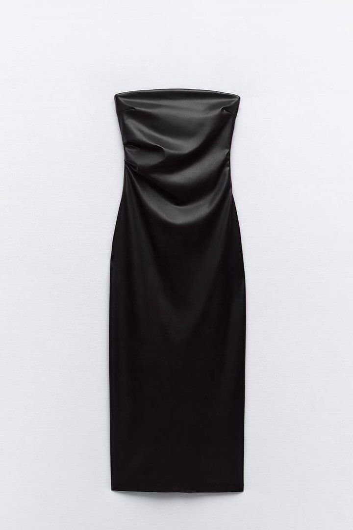 zara faux leather black dress Zara Faux Leather Pinafore Dress