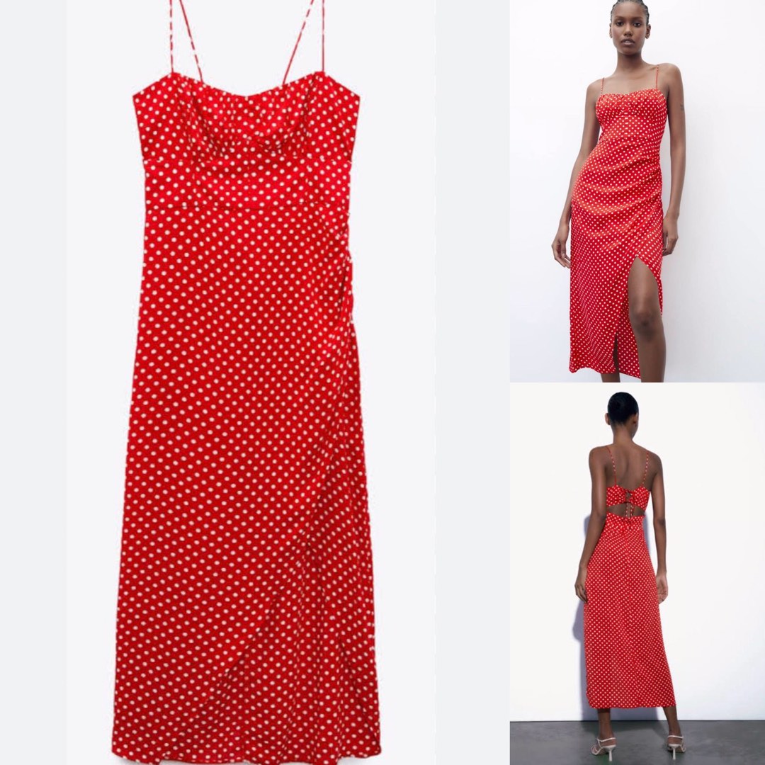 ZARA Polka dot satin corsetry inspired Red dress on Carousell