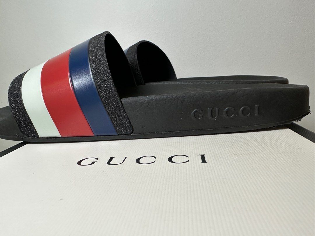 Red white blue best sale gucci slides
