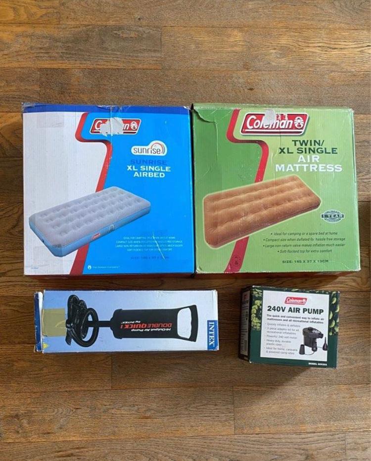 2 Coleman Super Single Air Beds c/w 1 hand pump and 1 electric pump