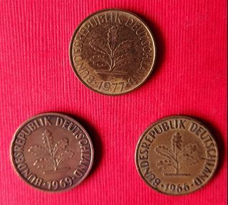 6460德國各年代黃銅[10 PFENNIG]錢幣（3枚合拍，保真，美品）。
