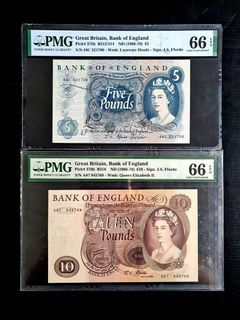 🇬🇧 1966-70 Great Britain, Bank of England 5 & 10 Pounds Banknotes PMG 66 EPQ  J.S.Fforde Signature