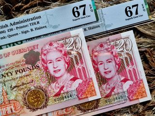 🇬🇬 1996 Guernsey 20 Pounds BanknotesLow Number High Grade PMG 67 EPQ  E 000494 & E 000495 Pair