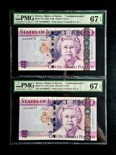 🇯🇪 2012 Jersey, States of Jersey £100 Pounds Queen Elizabeth II Commemorative  Banknote QE II Diamond Jubilee PMG 67 EPQ Superb Gem UNC Running Pair