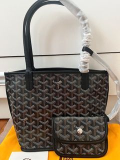 goyard anjou mini tote bag black leather and black canvas, with dust cover
